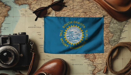 South Dakota flag lies on the map surrounded by camera, glasses, travel and tourism concept