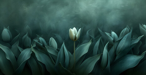 A striking color image of a The tulip haven't bloomed yet, captured in a 2:3 aspect ratio, where the soft, nuanced lighting