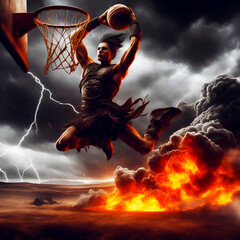 Fantastic basketball player slam dunk the ball into basket. Fantasy scene with fire, flame, smoke and explosion, background is snow, thunderbolt, flashlight and blizzard. Wallpaper and Wall Art - obrazy, fototapety, plakaty