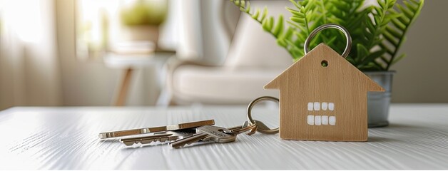keys placed next to a wooden home model on a pristine white table in a newly acquired apartment or hotel room, symbolizing the concepts of mortgage, investment, rent.