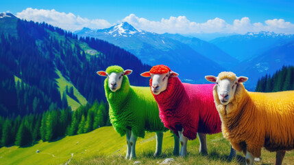 Multi-colored sheep, green pastures on blurred background - obrazy, fototapety, plakaty