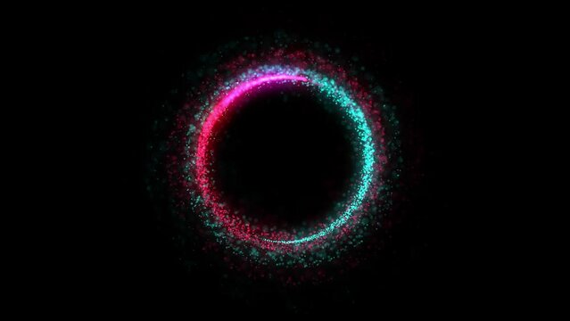 4К. Smooth appearance of the portal from moving particles with acceleration and smooth completion. Animation has an alpha channel. Aqua and red colors on a black background