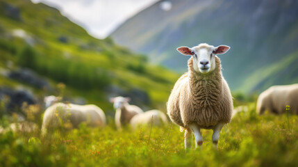 Fototapeta premium Sheep on green pastures on blurred background