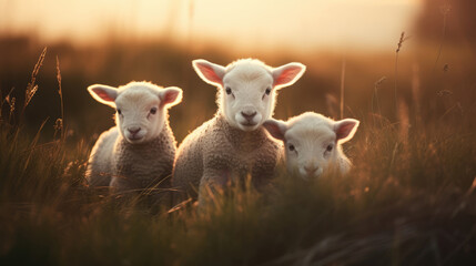 Sheep on green pastures on blurred background - obrazy, fototapety, plakaty