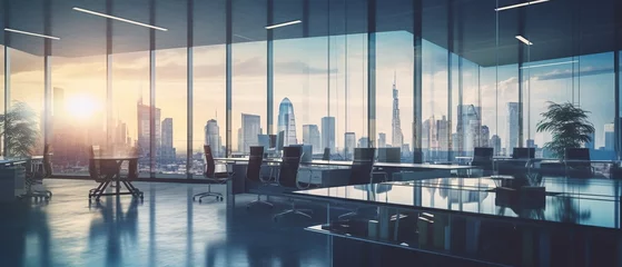 Fotobehang Modern office interior with panoramic skyline view at sunset. © Miodrag