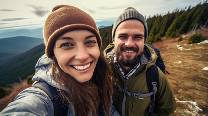 Nature, hiking happy couple having fun and enjoy mountain climbing journey - obrazy, fototapety, plakaty