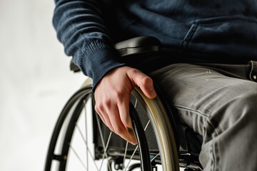 Obraz premium Male hand on wheelchair on white background