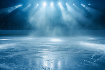 ice background.Empty ice rink illuminated by spotlights - obrazy, fototapety, plakaty