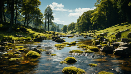 Naklejka premium Nature beauty forest, water, mountains, green landscape, flowing river generated by AI