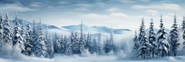A wintry landscape with snow-covered trees. - obrazy, fototapety, plakaty
