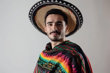 Beautiful young mexican man wearing sombrero and poncho on white background