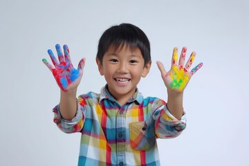 Child showing hands painted in colorful paints
