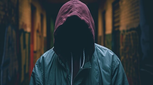 Mysterious person in hoodie standing in a dark alleyway, face obscured, evoking themes of anonymity and urban life.