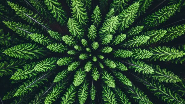 Top view of lush green fern leaves forming a natural spiral pattern, perfect for backgrounds and nature themes.