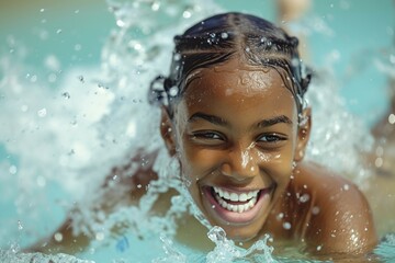 Fototapeta na wymiar joyful african american girl swimming in the pool