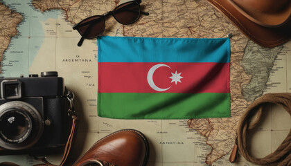 Azerbaijan flag lies on the map surrounded by camera, glasses, travel and tourism concept