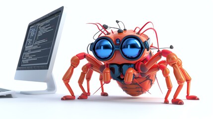 A charming 3D spider engagingly coding as a web developer, showcasing its efficiency. Perfectly suited for web development, creativity, technology, and teamwork concepts.