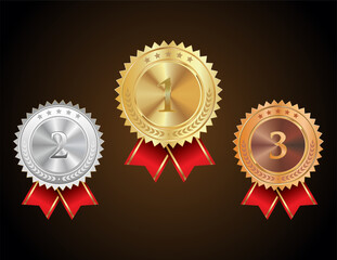 Golden silver and bronze blank medals hanging on red ribbons vector illustration