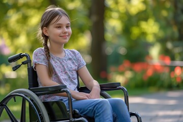 Disabled little girl sitting in wheelchair in the park