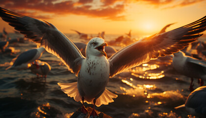 Seagull flying, sunset beak, feather, freedom, spread wings, water, sunlight generated by AI