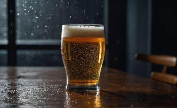 Image of a glass of beer left on a wooden table with a dark window background in rainy weather