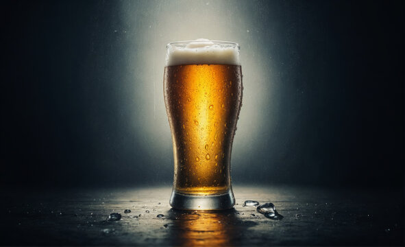 An image of a glass of beer lit from behind, creating a golden glow effect around the drink. Drops of water on the surface of the glass and a wet table add an atmosphere of freshness