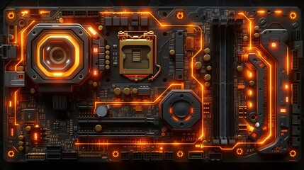 Close up of a metal motherboard with electric blue automotive lighting