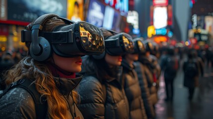 Group of people in helmets with virtual reality headsets on a city street