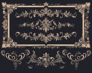 Fototapeta premium Sophisticated decorative frame featuring intricate golden ornamental designs on a black background.