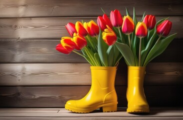 A bouquet of red and yellow tulips in red rubber boots in the form of a vase on a wooden background. Creative spring composition.