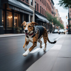 The portrait of a young Louisiana Catahoula Leopard dog at big city background. Generative AI - obrazy, fototapety, plakaty