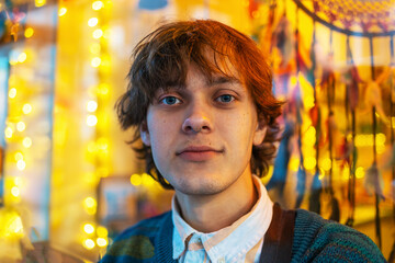 Young man in 90s old-fashion style looks at camera in front of colorful carnival ride lights.