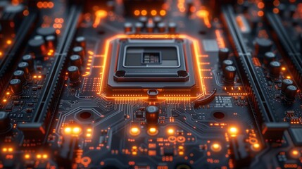 A detailed shot of an electric blue computer chip on a motherboard