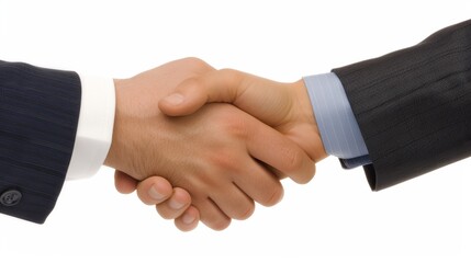 Detailed view of a formal business handshake between two individuals in professional attire against a white background..