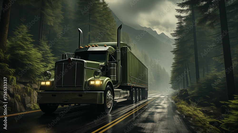 Wall mural a truck travels down a damp forest road with wet asphalt and tall trees