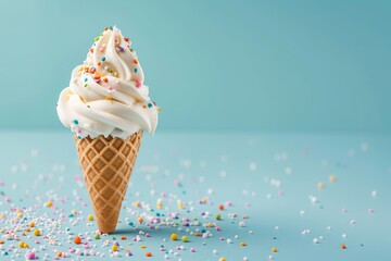 Ice cream with sprinkles in waffle cone on blue background