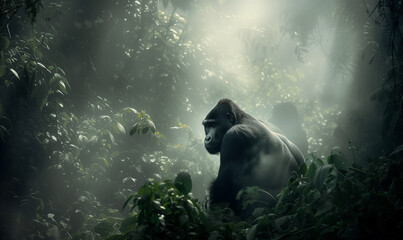 african mountain gorrillas in their misty jungle habitat - 736533332