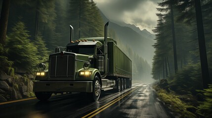 A truck travels down a damp forest road with wet asphalt and tall trees