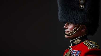 A stern and poised royal guard in his mid-30s, exuding an air of unwavering discipline and dedication. Clad in a resplendent full ceremonial uniform, he stands tall with a stoic presence, co