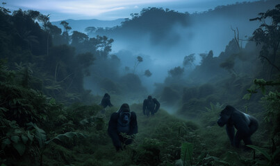 african mountain gorrillas in their misty jungle habitat - 736533376