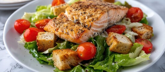 Grilled fish, croutons, and cherry tomatoes added to salmon Caesar salad.