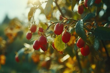 Branch with red rose hip berries on blurred background