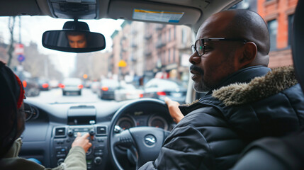 A friendly taxi driver expertly maneuvers through bustling city streets, engaged in a lively conversation with a passenger. - obrazy, fototapety, plakaty