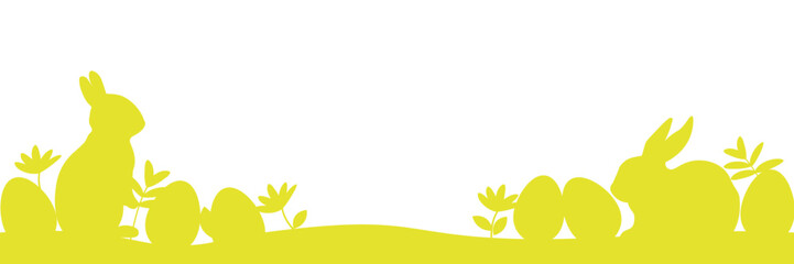 Easter banner with Easter bunnies and Easter eggs hidden in the grass. Isolated on a transparent background with an empty space for a banner, website design, decorations