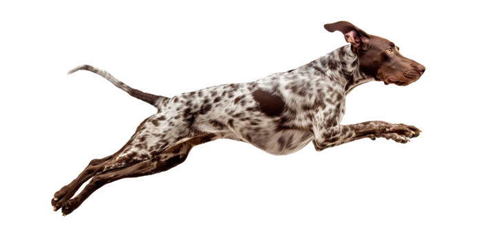 Dog German Kurzhaar jumps in the air, the dog runs and chases the prey, isolated on a transparent background