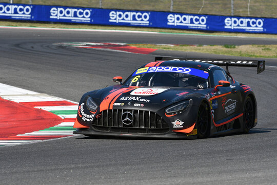 Scarperia, 29 September 2023: Mercedes Sls Amg of team Akm Motorsport drive by Sandrucci Gustavo and Kelstrup Georg in action during practice of Italian Championship at Mugello Circuit. Italy.