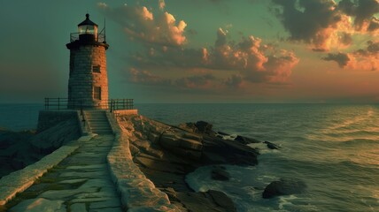 Fototapeta premium a luxurious stone lighthouse standing proudly amidst the vast expanse of a beautiful ocean, illuminated by the soft daylight lighting, evoking a sense of grandeur and tranquility.
