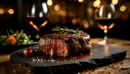 Foto op Canvas steak on a wooden board, grilled steak, beef steak close up, copyspace, banner © P.W-PHOTO-FILMS