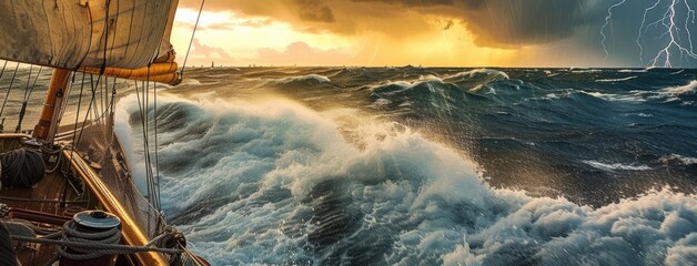 on a boat during a raging storm, with waves crashing against the vessel, rain lashing the deck, and dark storm clouds looming overhead, creating a scene of peril and survival. - obrazy, fototapety, plakaty
