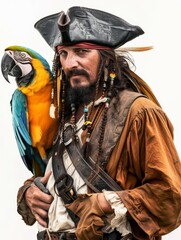 Detailed shot of a pirate character in full costume, complete with a blue and yellow macaw on his shoulder.